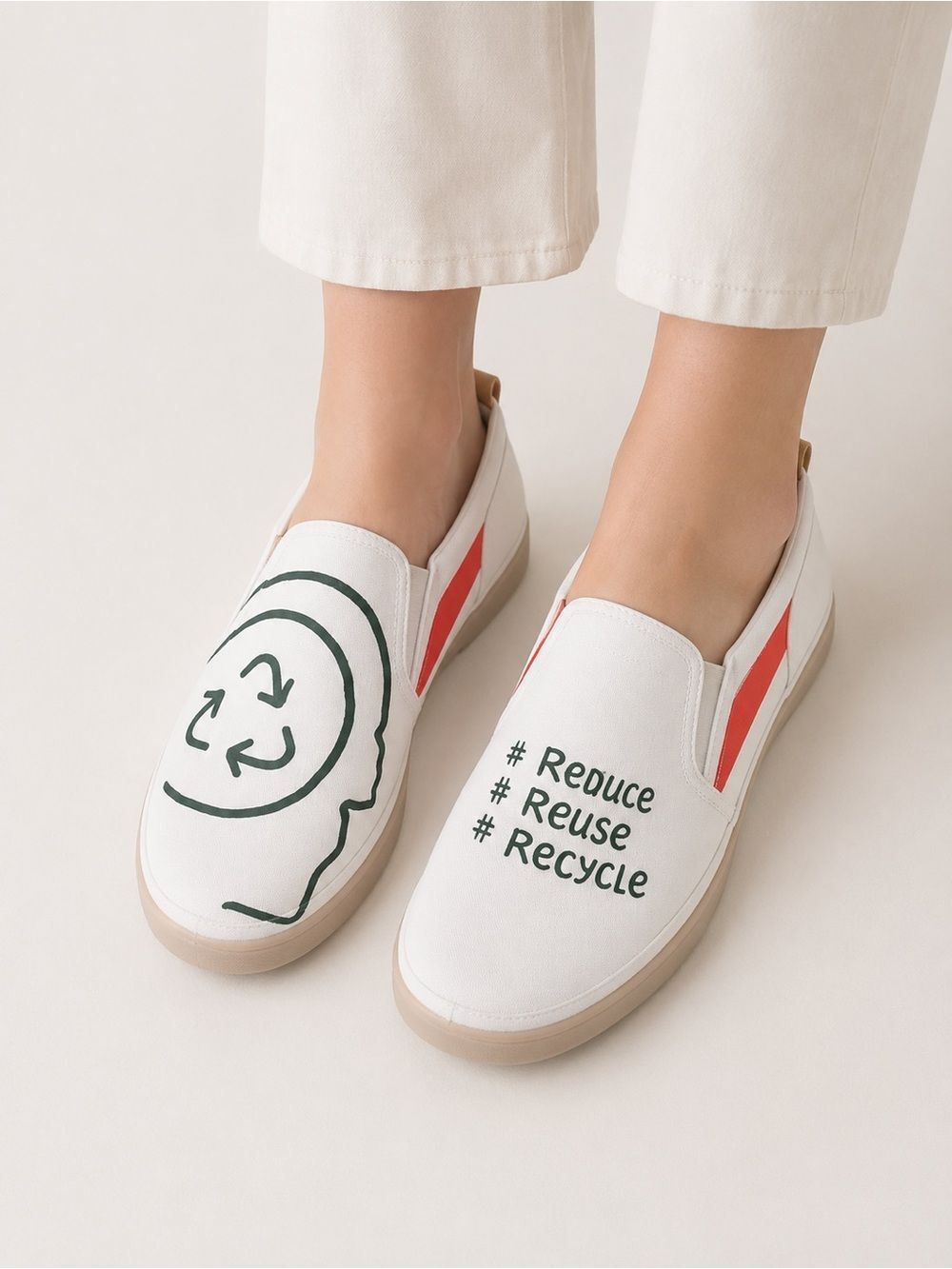 UIN White Slip-On Sneakers with Green Eco Print and Orange Accents